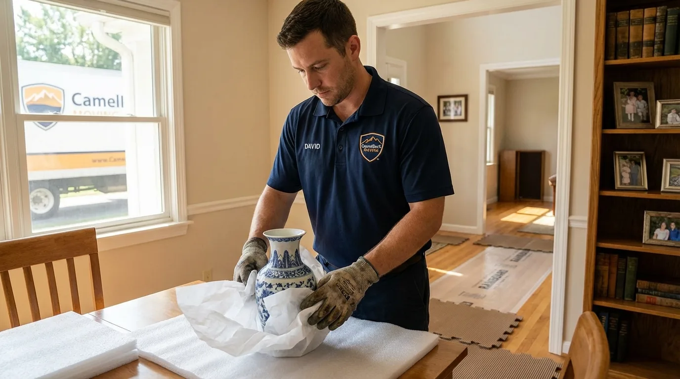 Professional crew carefully wrapping antique vase for senior downsizing move in Terrace Park, OH